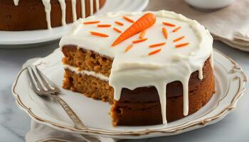 AI generated a carrot cake with frosting and a carrot on top photo