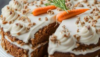 AI generated a carrot cake with cream cheese frosting and a carrot on top photo