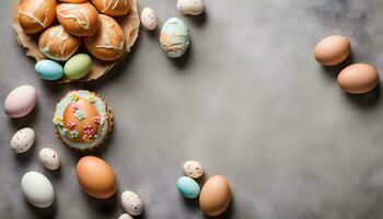 ai generado Pascua de Resurrección huevos y pasteles en un mesa foto