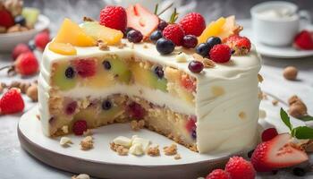 AI generated a cake with fruit on top and a slice missing photo