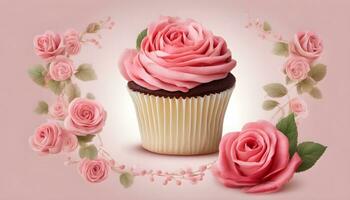AI generated a cupcake with pink roses on a pink background photo