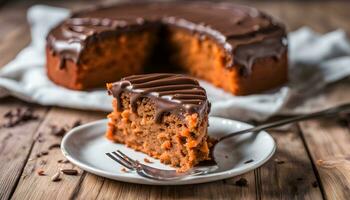 AI generated a piece of carrot cake with chocolate frosting on a plate photo