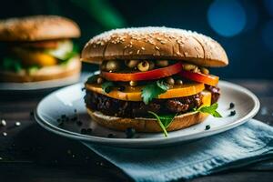 a hamburger with vegetables and a bun. AI-Generated photo