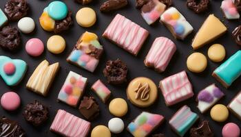 AI generated assorted sweets on a black background photo