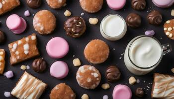 AI generated assorted sweets and milk on a black background photo