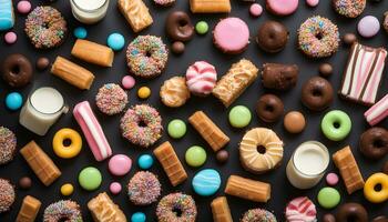 AI generated assortment of colorful sweets and doughnuts on a black background photo