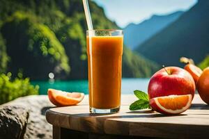 a glass of orange juice with a straw on a table next to a lake. AI-Generated photo