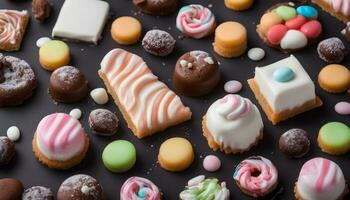 AI generated assortment of sweets on black background photo