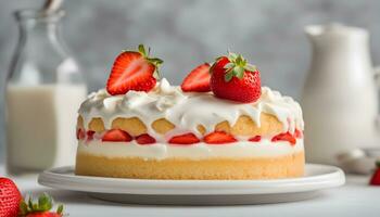 ai generado un fresa pastel con crema y fresas en un plato foto