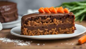 AI generated a piece of carrot cake with chocolate frosting photo