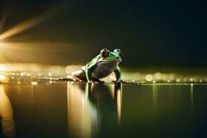 a frog sitting on the water with a light shining on it. AI-Generated photo
