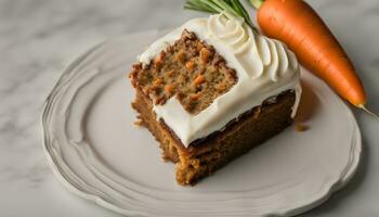AI generated a piece of carrot cake with cream cheese frosting on a white plate photo