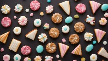 AI generated various cookies and pastries on a black background photo