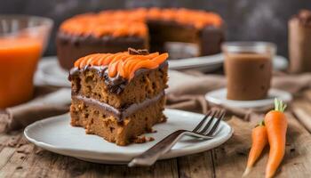 AI generated a piece of carrot cake with chocolate frosting on a plate photo