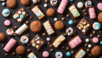 AI generated various types of chocolate and candy bars on a black background photo