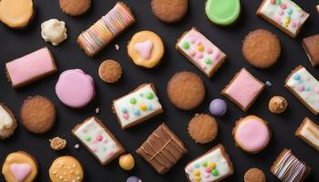 AI generated many different kinds of cookies on a black background photo