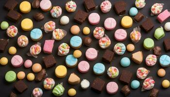 AI generated assorted candy and sweets on a black background photo