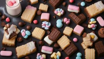 AI generated various types of chocolate and candy on a black background photo