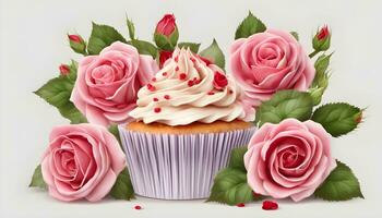 AI generated cupcake with roses on a white background photo