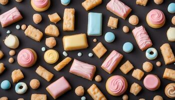AI generated a variety of colorful cookies and pastries on a black background photo