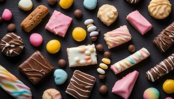 AI generated various types of chocolate and candy on a black background photo