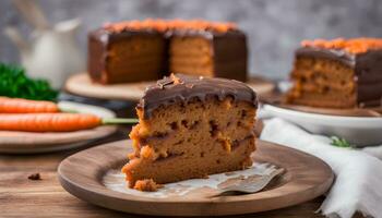 AI generated a piece of carrot cake with chocolate frosting on a wooden plate photo