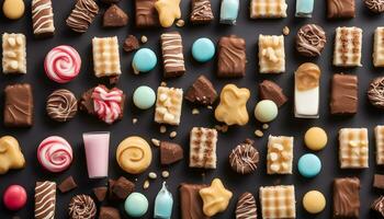 AI generated various types of chocolate and candy on a black background photo