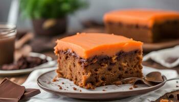 AI generated a piece of cake with orange frosting on a plate photo