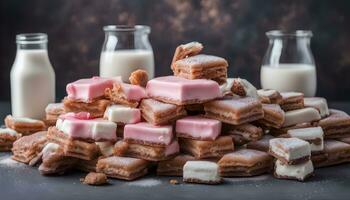 ai generado rosado y blanco Malvaviscos y Leche en un oscuro antecedentes foto