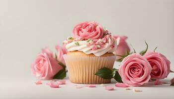 AI generated cupcake with pink roses on white background photo