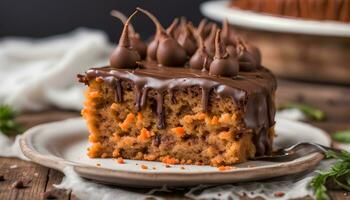 AI generated a piece of carrot cake with chocolate frosting on top photo