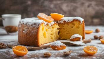 ai generado un pastel con naranja rebanadas y nueces en un de madera mesa foto