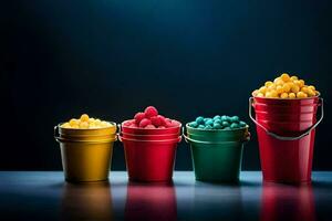 four buckets of candy in different colors. AI-Generated photo