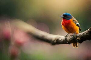 a colorful bird sits on a branch in the sun. AI-Generated photo