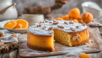 AI generated orange cake with powdered sugar on a wooden table photo