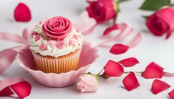 AI generated a cupcake with pink frosting and roses photo