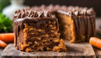 AI generated a carrot cake with chocolate frosting on a wooden cutting board photo