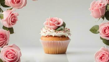 AI generated cupcake with frosting and roses on white background photo