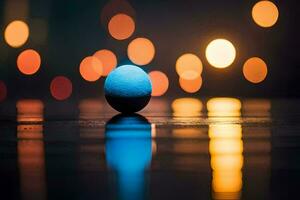 a blue ball sits on the floor in front of a lit up background. AI-Generated photo