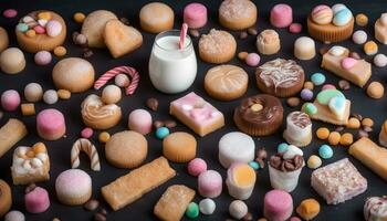 AI generated assortment of sweets and milk on black background photo