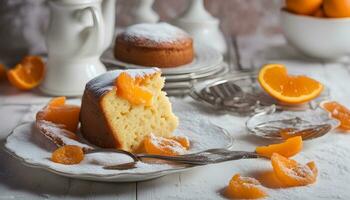 AI generated a piece of cake on a plate with orange slices photo