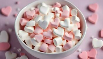 AI generated a bowl of marshmallows with hearts in them photo