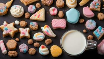 ai generado varios galletas y Leche en un negro antecedentes foto