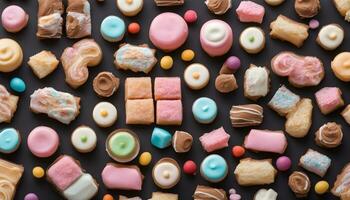 AI generated assorted sweets on a black background photo