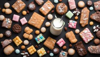 AI generated assorted cookies and milk on a black background photo