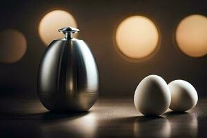 two eggs sit next to a silver bottle. AI-Generated photo