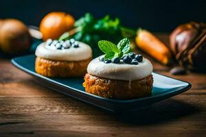 two cakes with cream and blueberries on a blue plate. AI-Generated photo