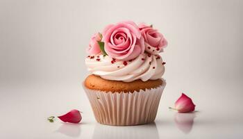 AI generated cupcake with pink roses on white background photo