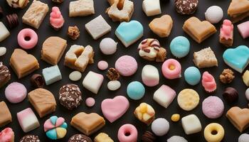 AI generated assortment of sweets on black background photo