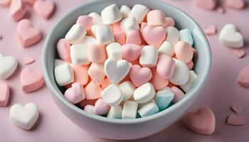 AI generated a bowl filled with marshmallows on a pink background photo